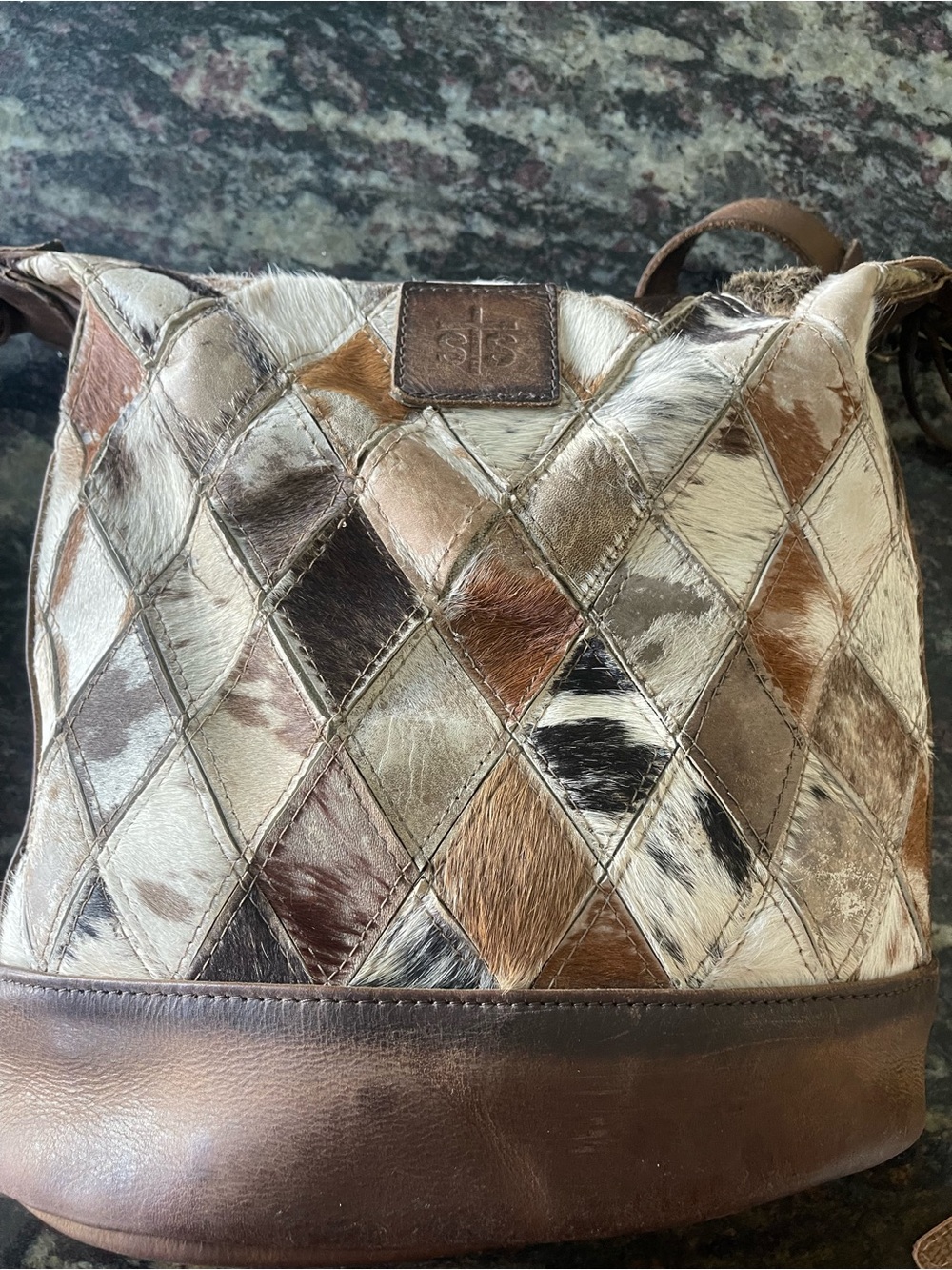 STS Ranchwear Brown Multi Patchwork Cowhide Crossbody Bucket Bag - Picture 10 of 14